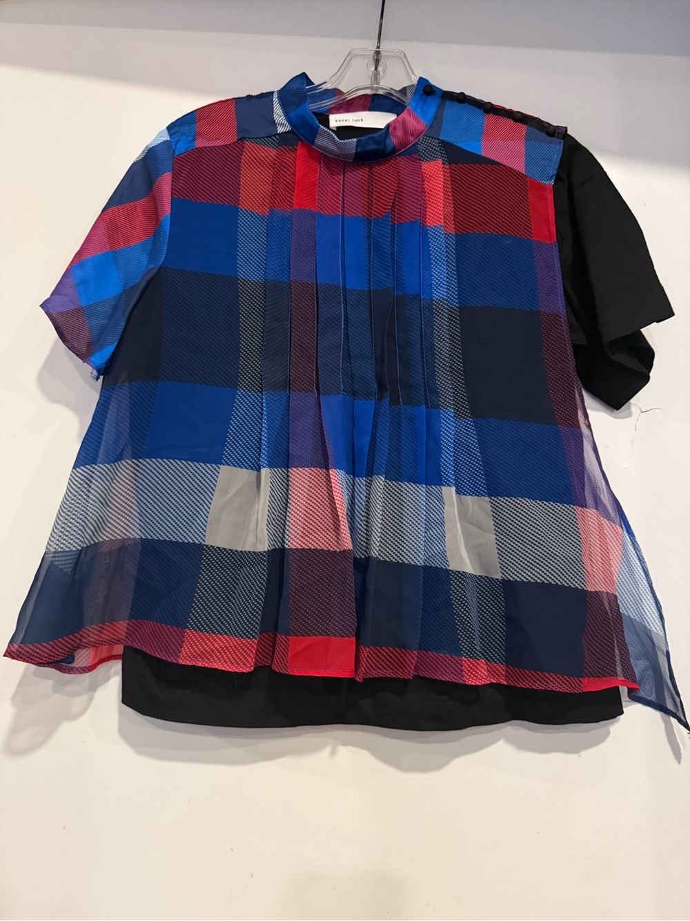 Sacai Luck Plaid Pleated Hybrid High Neck Overlay Top Size 1 US Small